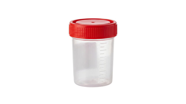 Plastic medical container with red lid for urine sample analysis