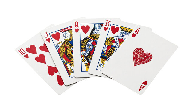 Royal flush playing cards in hearts suit, winning poker hand fanned out on white background, casino gambling combination isolated