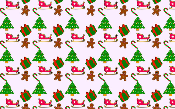  Light pink repeating Christmas pattern featuring decorated trees, sleighs, wrapped gifts, gingerbread figures, and candy canes, perfect for holiday wrapping paper, seasonal backgrounds