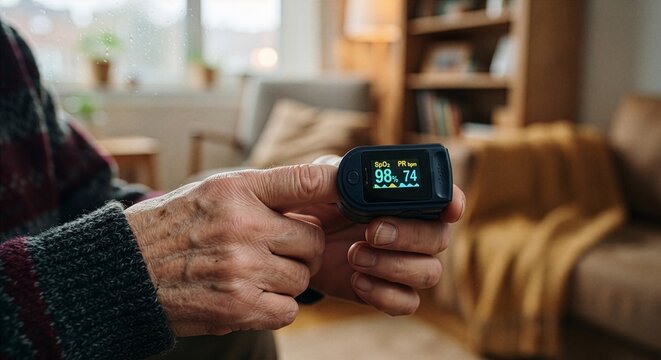Senior person checking oxygen saturation and heart rate with digital fingertip oximeter at home