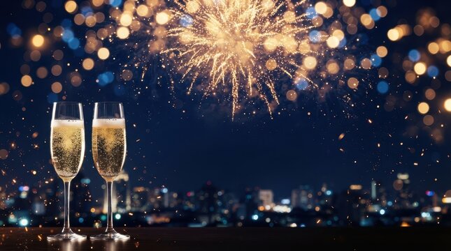 Happy New Year Two crystal champagne flutes filled with sparkling wine against dark blurred background of festive golden fireworks display 2027