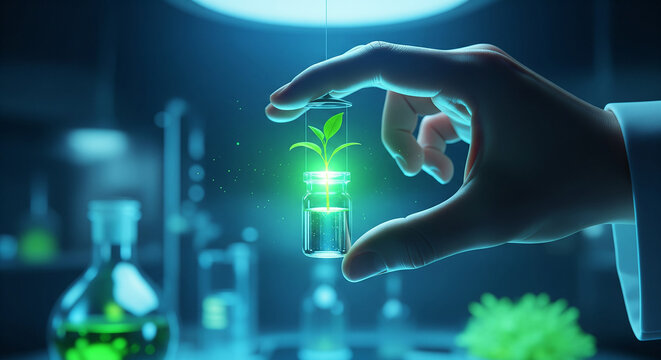 Scientist hand holding a glowing plant sprout in a glass vial for biotechnology research in a laboratory
