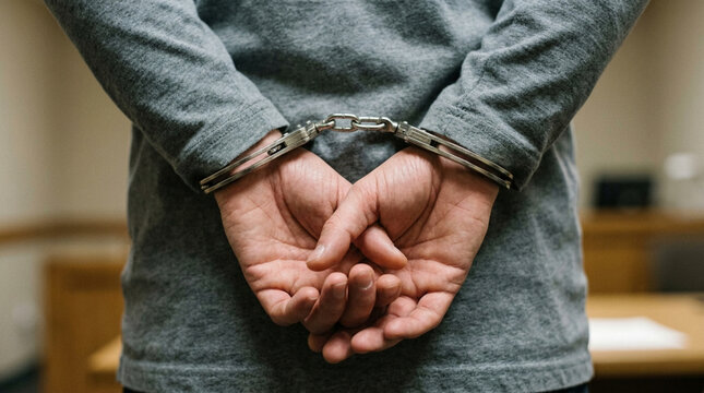 Criminal apprehended with hands cuffed behind back in interrogation room
