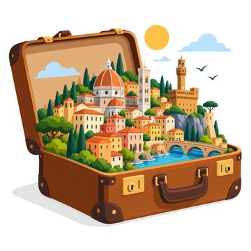 Florence city landscape appearing inside travel suitcase