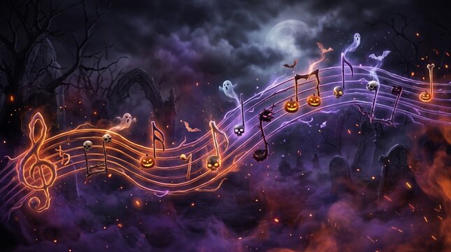 Halloween Spooky Music Notes and Pumpkin Clefs Floating on Dark Graveyard Background