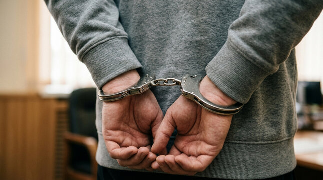 Criminal apprehended, hands cuffed behind back, victim of crime