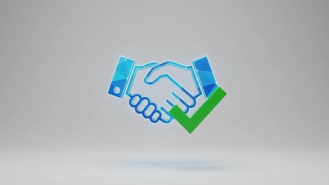 Two digital documents transforming into a blue handshake icon with a green checkmark, symbolizing digital contract handshake, deal closure, LegalTech e-signatures, and verified smart agreements.