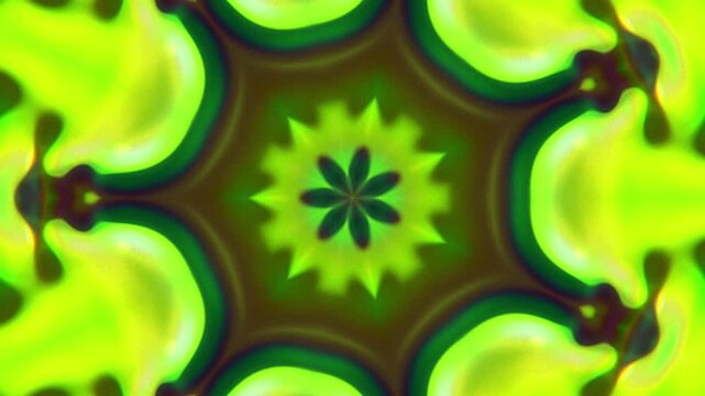 Abstract liquid chrome kaleidoscope background in acid lime green, shiny metallic reflective surface, futuristic seamless loop