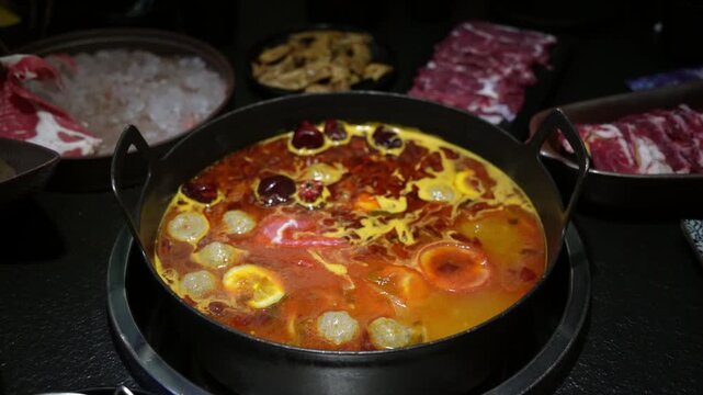 Close up of chopsticks holding raw beef roll into boiling spicy hot pot broth