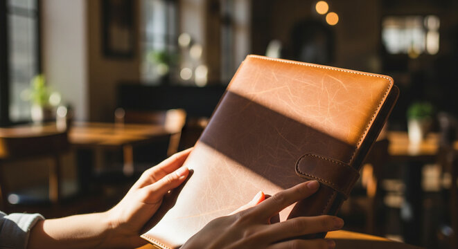 Close up of hands holding a brown leather folder in a sunlit cafe
