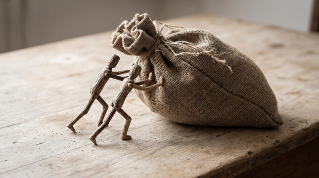 Two miniature figures struggling to carry large heavy sack together