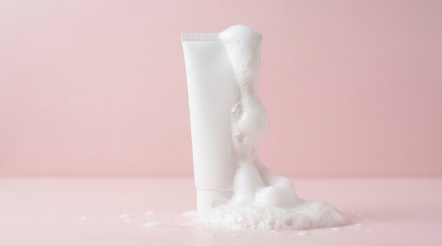 A white cosmetic tube with thick foam dripping down the side, isolated on a soft pink background