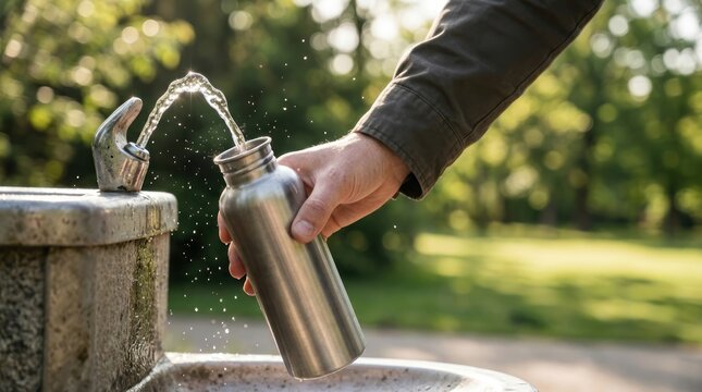 filling a stainless steel water bottle at a drinking fountain