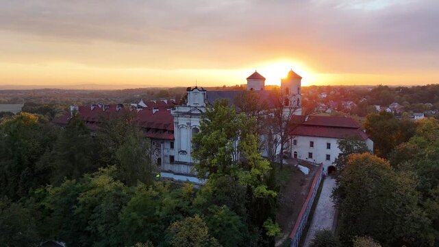 Benedictine Abbey in Tyniec at Sunset in Autumn &ndash; Aerial Drone View