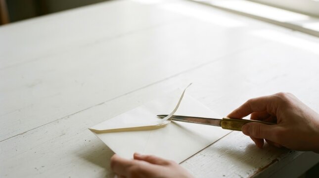 Opening a letter with scissors on a wooden table