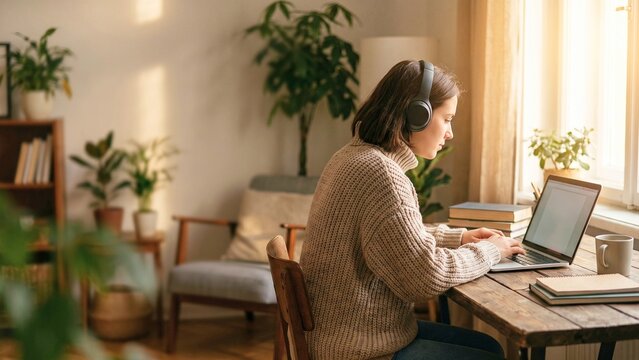 Young student wearing headphones studying online course on laptop in bedroom