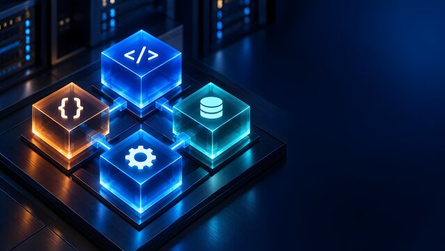 Isometric Glowing Cubes Displaying Programming Code Brackets And Database Engineering Icons