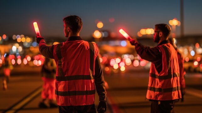 Two male airport ground crew workers directing aircraft on runway at dusk with red light batons and reflective safety vests