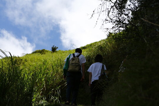Hikers with backpacks walking up a mountain trail.