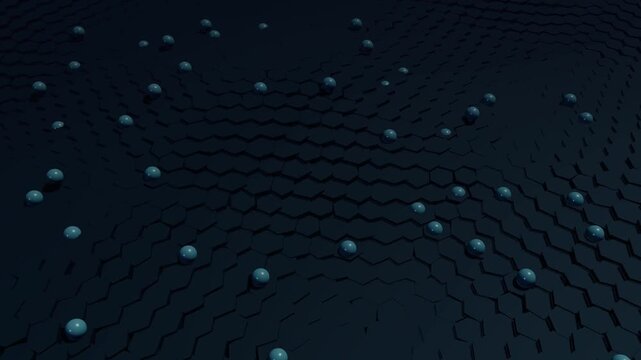 Abstract 3D Blue Spheres Moving on Hexagonal Wave Surface