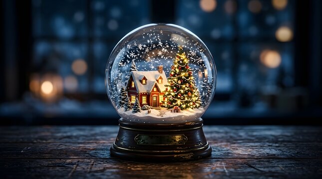 A beautiful illuminated christmas snow globe scene evokes feelings of warmth joy and winter holiday magic