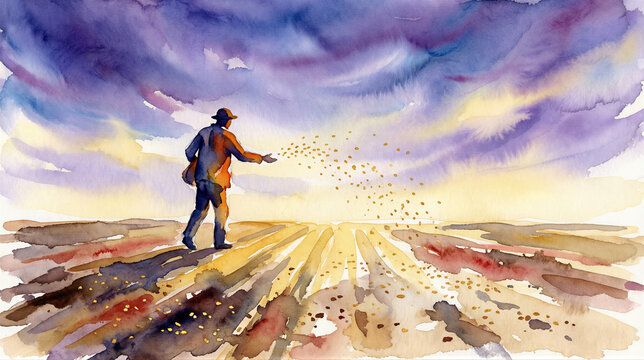 Sower scattering seeds across a field. Parable of the Sower from the Bible. Christian teaching and faith. Watercolor illustration of sowing, growth and harvest. Religious storytelling