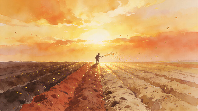 Sower scattering seed across a field at sunset. Parable of the sower from the Gospel. Christian teaching about faith and spiritual growth. Biblical storytelling and religious illustration.