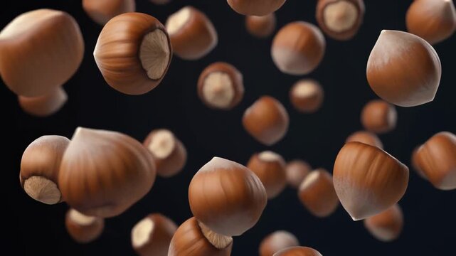 Close-up view of fresh organic hazelnuts gracefully falling and rotating in slow motion on a dark backdrop. Ideal for culinary, healthy eating, and snack-related projects.