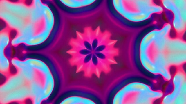 Abstract liquid chrome kaleidoscope background in neon pink and cyan synthwave colors, shiny metallic surface, futuristic seamless loop