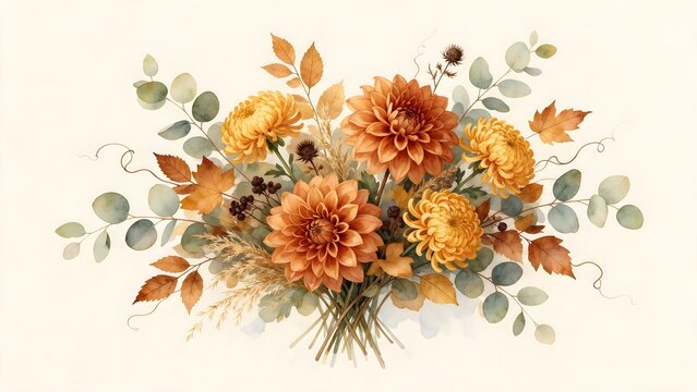 Autumn Botanical BouquetHand-painted watercolor bouquet featuring rust-colored dahlias, golden chrysanthemums, dried grasses, eucalyptus and autumn leaves, warm earthy palette, elegant seasonal botani