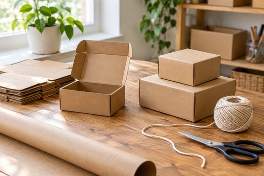 Kraft gift boxes and string on a craft packaging table