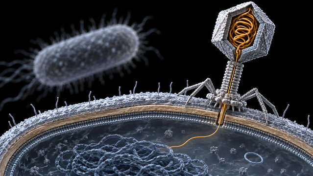 Detailed illustration of bacteriophage attacking bacterial cell, showcasing intricate structure of virus and cellular components. image highlights