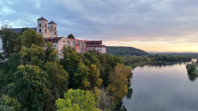 Benedictine Abbey in Tyniec at Sunset in Autumn &ndash; Aerial Drone View
