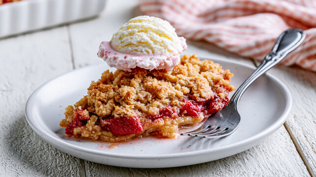 Homemade strawberry crumble with a scoop of vanilla ice cream on a white plate, rustic summer dessert