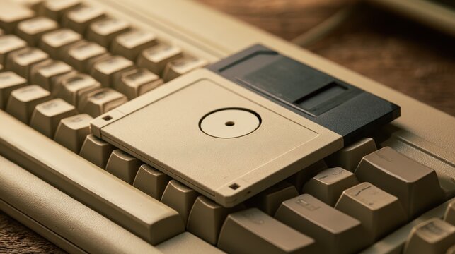 Vintage beige computer keyboard with floppy disk drive loaded with two floppy disks showcasing retro technology and data storage concept