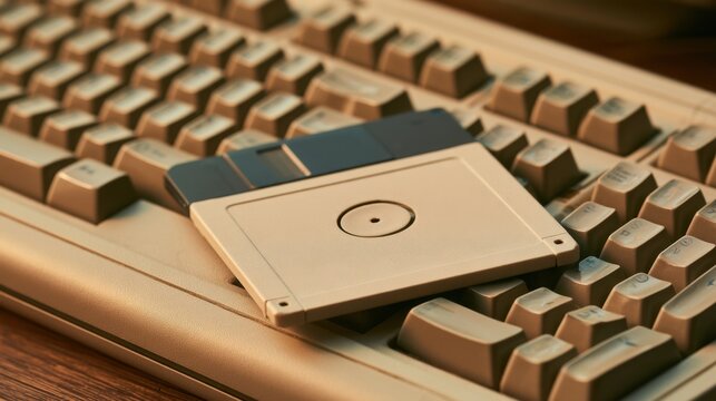 Vintage computer keyboard with retro floppy disk lying on keys in warm lighting showcasing technology from past decades in nostalgic workspace setting