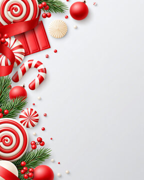 beautiful Christmas candy arrangement with red, white and cream sweets, peppermint inspired shapes without branding, festive ribbons and evergreen branches, clean premium studio background,