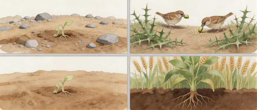 Parable of the sower illustrated in four stages of seed growth. Birds eat seeds among thorns, rocky ground and fertile soil. Biblical teaching about faith, spiritual growth and perseverance.