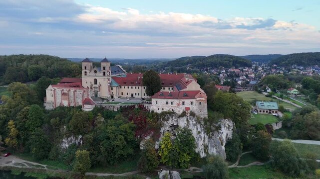 Benedictine Abbey in Tyniec at Sunset in Autumn &ndash; Aerial Drone View