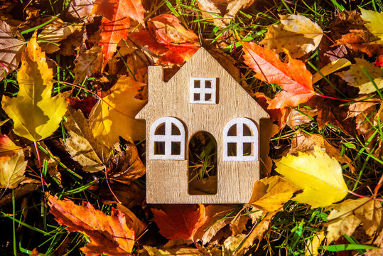 The symbol of the house stands among the fallen autumn leaves
