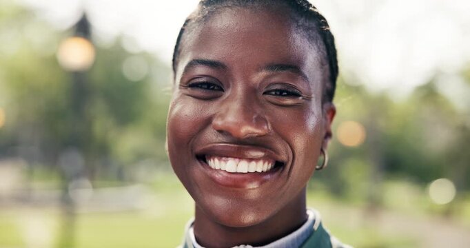 Fitness, face or black woman outdoor with laugh, positive attitude or workout hobby on weekend break. Happy, bokeh or athlete in park with joke reaction, confidence or good mood in training activity