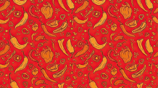Seamless pattern of hand drawn chili peppers in warm orange tones against a vibrant red background for spicy food designs