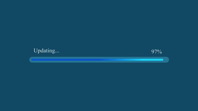 Motion graphic of updating progress bar with blue gradient reaching 97 percentage completion on dark blue background, depicting software update and system upgrade.

