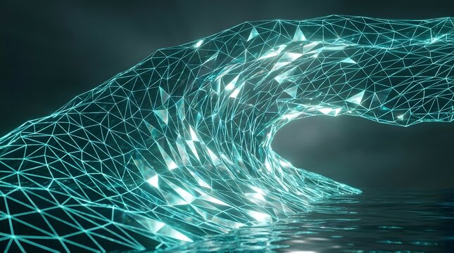 Wireframe wave form made of glowing teal polygons on water surface for digital art concept.