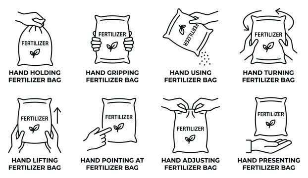 Hand actions with fertilizer bag for agriculture and gardening use, outline vector icons.