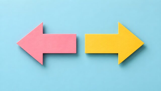 Pink and yellow opposite paper arrows pointing towards each other on blue background