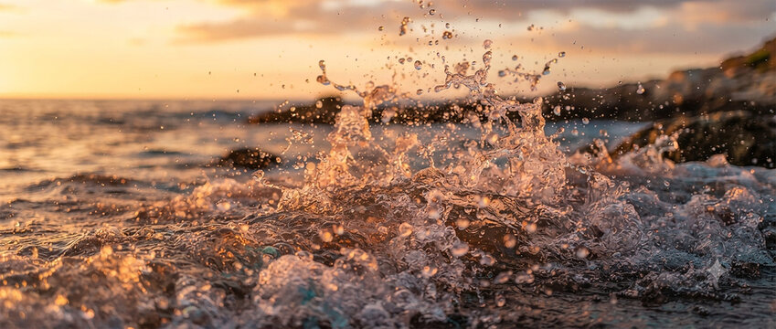 Ocean Wave Water Splash on Rocky Coast in Golden Sunset Light