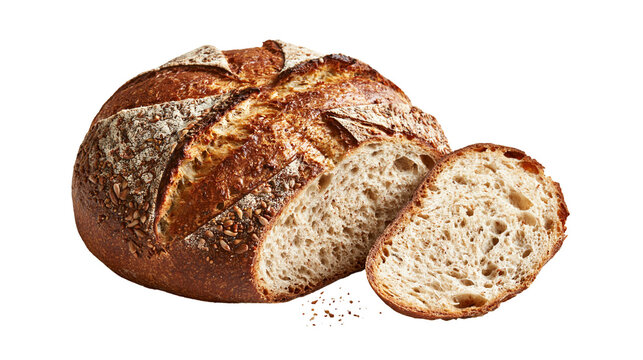 Round crusty sourdough loaf with seeds and a single sliced piece