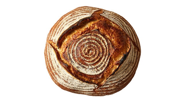 Round sourdough bread loaf with spiral scoring and dark golden brown crust