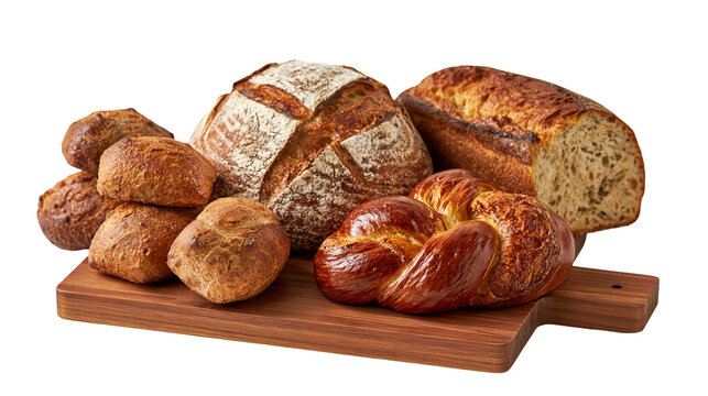Assorted rustic artisan bread loaves and rolls on a wooden cutting board